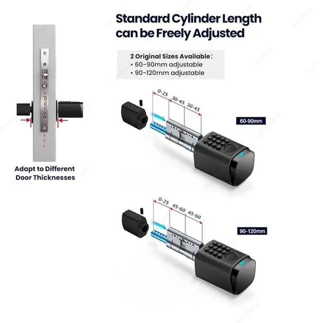 Alt view image 4 of 5 - IP66 Waterproof 2026 New Generation TUYA APP Fingerprint Password Digital RFID Card Cylinder Smart Door Lock 60-90 90-120(60-90 Black)