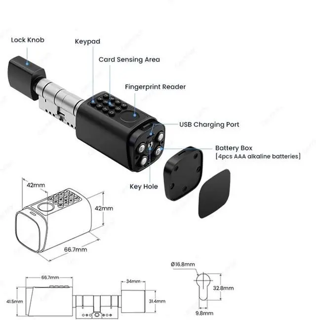 Alt view image 5 of 5 - IP66 Waterproof 2026 New Generation TUYA APP Fingerprint Password Digital RFID Card Cylinder Smart Door Lock 60-90 90-120(60-90 Black)