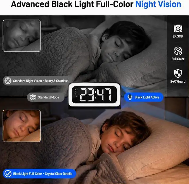 Alt view image 6 of 7 - 2K Alarm Clock with Camera for Home Security, 5G&2.4GHz WiFi Digital Clock Camera with Color Night Vision, AI Motion Detection, SD/Cloud Storage, Indoor Baby Pet Elderly Monitor