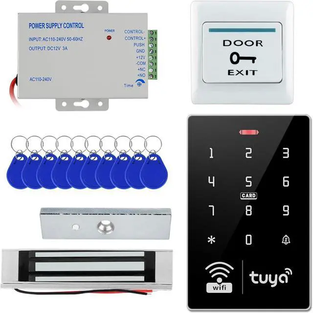 Main image of Tuya Door Access Control System Kit, WiFi Smart Entry with 180KG/350lbs Magnetic Lock, IP68 Waterproof Keypad, IC/ID Dual Frequency, Power Supply, Exit Button & 10 Key Fobs for Home Office