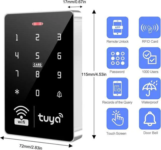Alt view image 7 of 7 - Tuya Door Access Control System Kit, WiFi Smart Entry with 180KG/350lbs Magnetic Lock, IP68 Waterproof Keypad, IC/ID Dual Frequency, Power Supply, Exit Button & 10 Key Fobs for Home Office