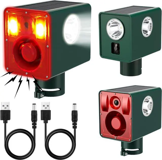 Main image of Qualirey 2 Pack Solar Outdoor Motion Sensor Alarm Sound and Light 129db 13 Sound Dog Barking Gunshot 3 Modes Strobe Light, Animal Detector Deterrent Noise Maker Security Siren Waterproof for Home Farm