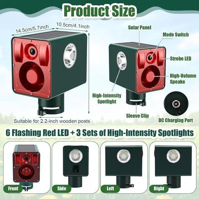 Alt view image 2 of 7 - Qualirey 2 Pack Solar Outdoor Motion Sensor Alarm Sound and Light 129db 13 Sound Dog Barking Gunshot 3 Modes Strobe Light, Animal Detector Deterrent Noise Maker Security Siren Waterproof for Home Farm