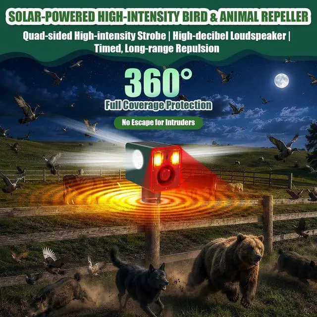 Alt view image 3 of 7 - Qualirey 2 Pack Solar Outdoor Motion Sensor Alarm Sound and Light 129db 13 Sound Dog Barking Gunshot 3 Modes Strobe Light, Animal Detector Deterrent Noise Maker Security Siren Waterproof for Home Farm