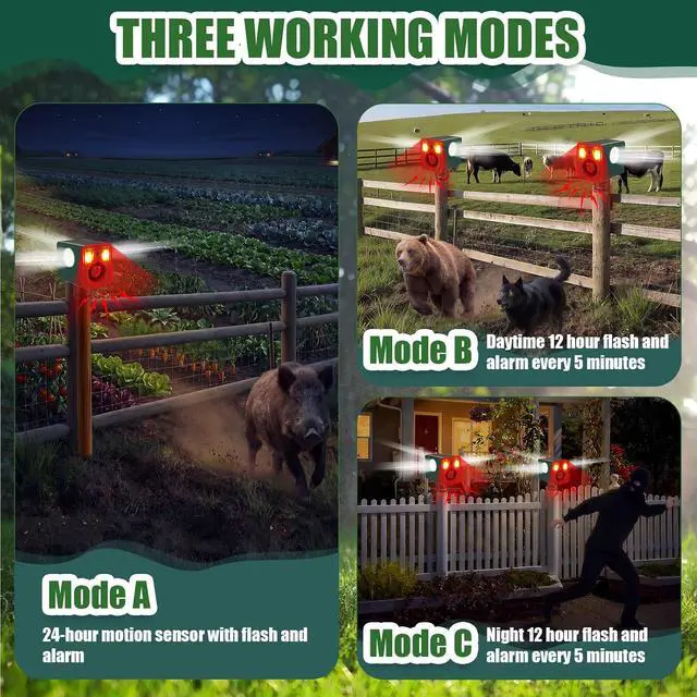 Alt view image 5 of 7 - Qualirey 2 Pack Solar Outdoor Motion Sensor Alarm Sound and Light 129db 13 Sound Dog Barking Gunshot 3 Modes Strobe Light, Animal Detector Deterrent Noise Maker Security Siren Waterproof for Home Farm