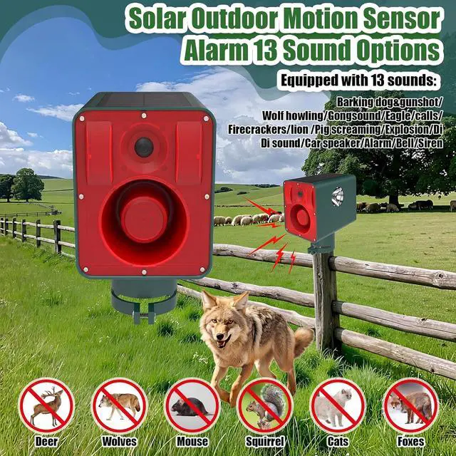 Alt view image 4 of 7 - Qualirey 2 Pack Solar Outdoor Motion Sensor Alarm Sound and Light 129db 13 Sound Dog Barking Gunshot 3 Modes Strobe Light, Animal Detector Deterrent Noise Maker Security Siren Waterproof for Home Farm