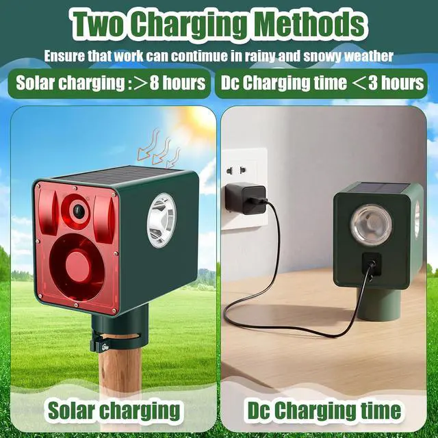 Alt view image 7 of 7 - Qualirey 2 Pack Solar Outdoor Motion Sensor Alarm Sound and Light 129db 13 Sound Dog Barking Gunshot 3 Modes Strobe Light, Animal Detector Deterrent Noise Maker Security Siren Waterproof for Home Farm