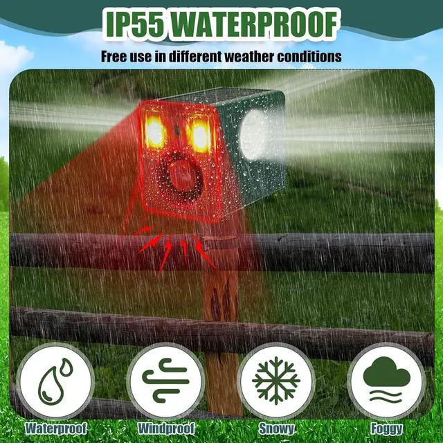 Alt view image 6 of 7 - Qualirey 2 Pack Solar Outdoor Motion Sensor Alarm Sound and Light 129db 13 Sound Dog Barking Gunshot 3 Modes Strobe Light, Animal Detector Deterrent Noise Maker Security Siren Waterproof for Home Farm