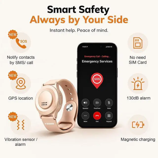 Alt view image 2 of 7 - Personal Alarm with 130dB Siren, Rechargeable Wearable SOS Safety Device One-Key Panic Button Smart Emergency Alarm Sends Calls and Texts to Your Phone for Women Elderly Kids (Rose Gold)