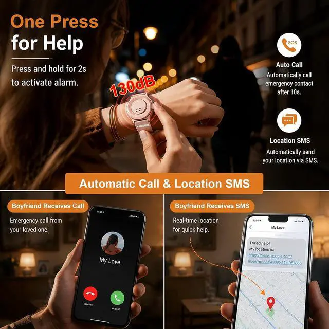 Alt view image 4 of 7 - Personal Alarm with 130dB Siren, Rechargeable Wearable SOS Safety Device One-Key Panic Button Smart Emergency Alarm Sends Calls and Texts to Your Phone for Women Elderly Kids (Rose Gold)