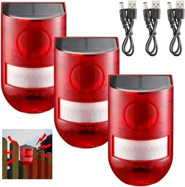 Main image of 3Pcs Solar Strobe Alarm Lights, Motion Detector Security Siren, 129db Siren & 6 LED Flashing Red Light, 4 Modes Outdoor Waterproof Alarm for Hacienda, Farm, Villa, Barn, Yard, Home
