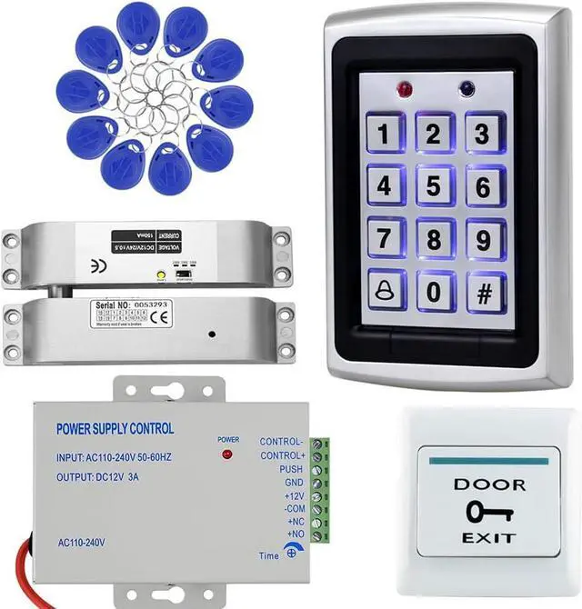 Main image of RFID Access Control System Kit, Zinc Alloy Keypad with Aluminum Alloy Electric Strike Lock, 12V 3A Power Supply, Exit Button & 10 ID Key Fobs, for Indoor/Outdoor Use
