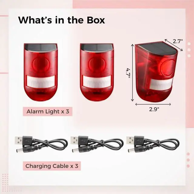 Alt view image 4 of 4 - 3Pcs Solar Strobe Alarm Lights, Motion Detector Security Siren, 129db Siren & 6 LED Flashing Red Light, 4 Modes Outdoor Waterproof Alarm for Hacienda, Farm, Villa, Barn, Yard, Home
