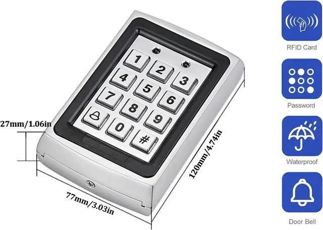 Alt view image 4 of 6 - RFID Access Control Kit with Weatherproof Cover7612 Metal (Zinc Alloy, 1000 Users) or T12 (1000 Users) Controller, Includes 10 Mixed Color ID Keyfobsfor Outdoor/Indoor Office, Home (7612)