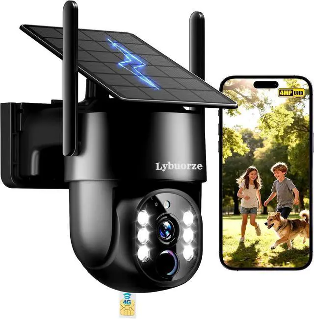 Main image of Black 4G LTE Solar Security Camera Outdoor, No WiFi/Internet Needed, 4MP Full Color Night Vision, 360° View, Built-in SIM, AI Motion Alarm, 2-Way Talk for Backyard/Driveway