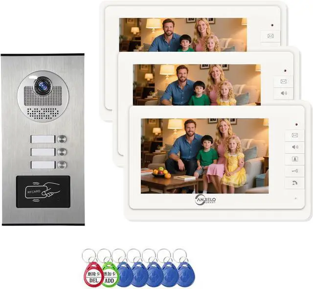 Main image of Wired Video Apartment Intercom System,2/3/4/6/8/10/12 Units 7 inch Monitor Video Door Phone Kit,Indoor Outdoor Video Doorbell, ID Card Unlock, 2 Way Audio for Home (for 3 Family)