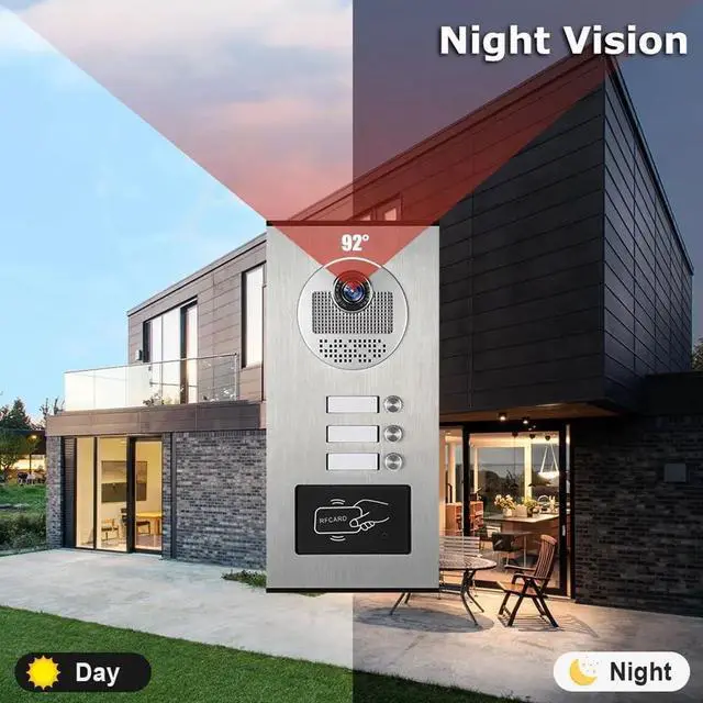 Alt view image 5 of 7 - Wired Video Apartment Intercom System,2/3/4/6/8/10/12 Units 7 inch Monitor Video Door Phone Kit,Indoor Outdoor Video Doorbell, ID Card Unlock, 2 Way Audio for Home (for 3 Family)