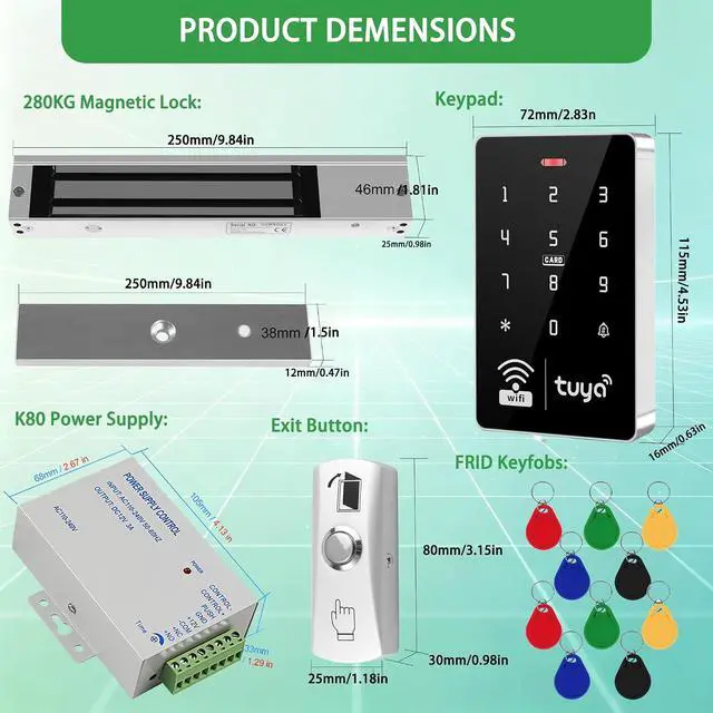 Alt view image 2 of 7 - Tuya Smart WiFi Access Control System Kit IP68 Waterproof Keypad, 600lbs Magnetic Lock, Power Supply, Exit Button & 10 IC Fobs, Remote App Control for Office/Apartment/Home Security