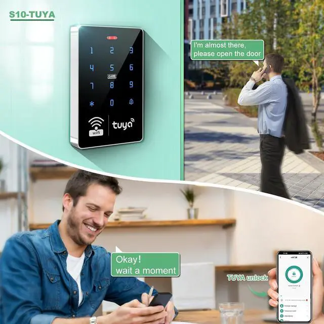 Alt view image 6 of 7 - Tuya Smart WiFi Access Control System Kit IP68 Waterproof Keypad, 600lbs Magnetic Lock, Power Supply, Exit Button & 10 IC Fobs, Remote App Control for Office/Apartment/Home Security