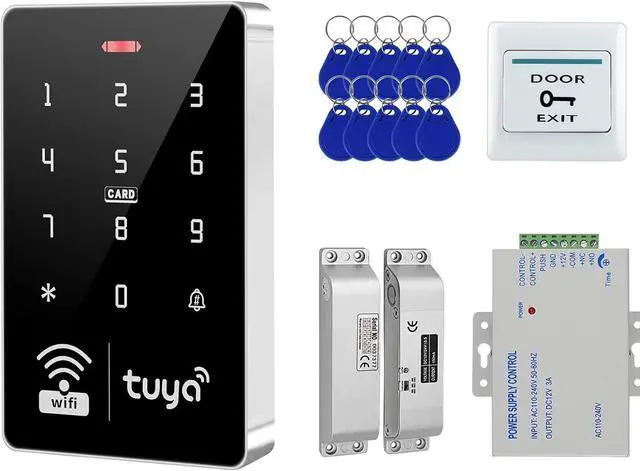 Main image of LIBO Tuya WiFi Access Control Kit, IP68 Weatherproof Keypad, Electric Bolt Lock, DC12V Power Supply, Exit Button, 10 IC Key Fobs for Home, Office, Business