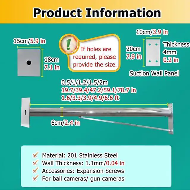 Alt view image 2 of 6 - Universal Wall-Mount Security Camera Pole, 201 Stainless Steel, Extra-Long 1.6-6.6 Ft, Weatherproof Surveillance Stand, Light Grey, 39.4 Inch/1M, Durable & Adjustab