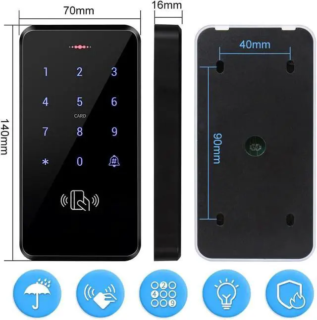 Alt view image 2 of 7 - IP68 Waterproof Touchscreen Access Control Keypad 3000 Users, ID Card / PIN Unlock, Flame-Retardant ABS, WG26/34, Backlit, DC12V for Home/Business/Garage