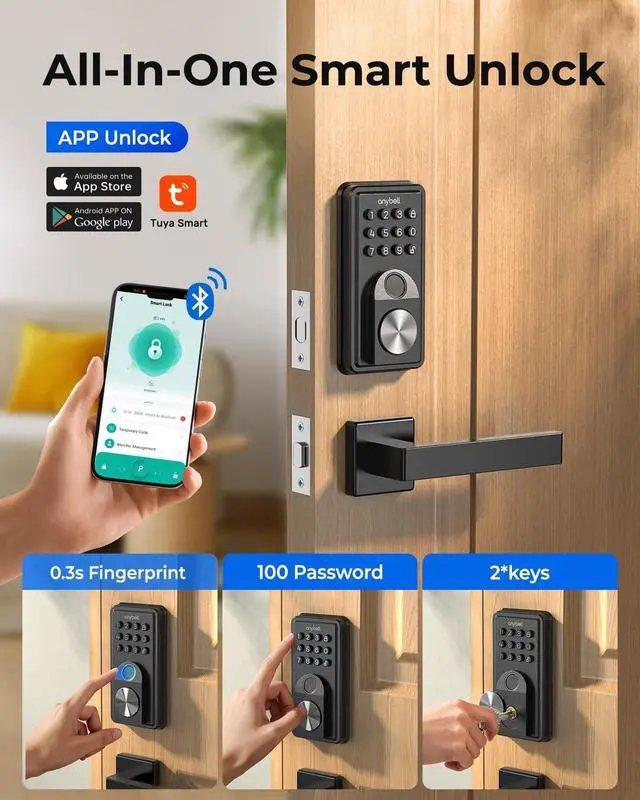Alt view image 4 of 7 - Smart Door Lock, ANYBELL Keyless Entry Door Lock Fingerprint with Keypad Smart Deadbolt for Home, Rental, Office and Hotel TUYA Remote Control, Black