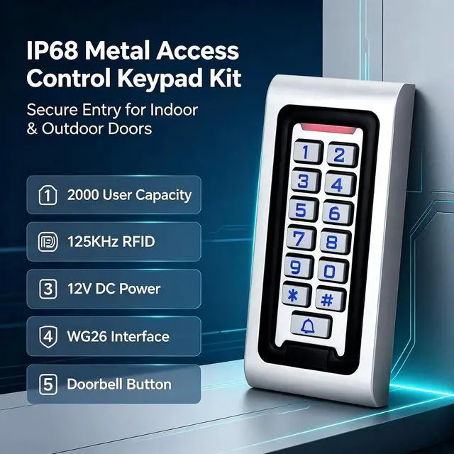 Alt view image 7 of 7 - IP68 Waterproof Access Control System Kit,Metal 125KHz RFID Keypad+Power Supply + 180KG/350lbs Electric Magnetic Lock + 10 Key Fobs,Can be Installed Outdoors