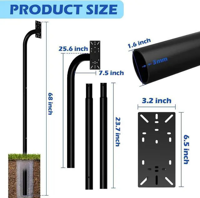 Alt view image 3 of 7 - 68" Universal Gooseneck Pedestal Post for Gate Opener Keypad, Heavy Duty Steel Burial Outdoor Mount, Compatible with Ghost Controls, Mighty Mule, Topens, CO-Z, Wireless/Wired Keypad & Intercom