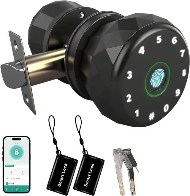 Main image of Smart Lock, Keyless Entry Door Lock with Fingerprint BT Keycard APP Control WiFi Compatible Multiple Unlock Methods Black Door Handle for Home, Fingerprints Door Lock