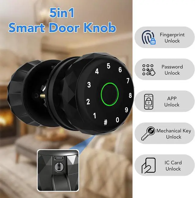 Alt view image 2 of 7 - Smart Lock, Keyless Entry Door Lock with Fingerprint BT Keycard APP Control WiFi Compatible Multiple Unlock Methods Black Door Handle for Home, Fingerprints Door Lock