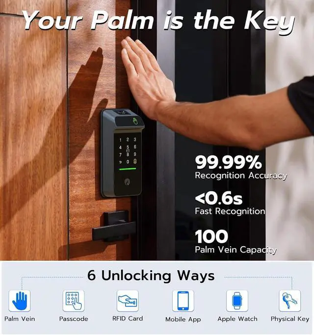 Alt view image 2 of 7 - Anweller MD3 Palm Vein Smart Deadbolt Lock, Biometric Keyless Entry Door Lock for Front Door, Built-in WiFi, 10000mAh Battery, Code Keypad, RFID Card, Display Screen, Auto Lock Sensor