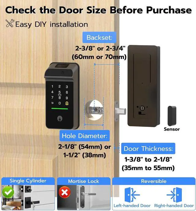 Alt view image 6 of 7 - Anweller MD3 Palm Vein Smart Deadbolt Lock, Biometric Keyless Entry Door Lock for Front Door, Built-in WiFi, 10000mAh Battery, Code Keypad, RFID Card, Display Screen, Auto Lock Sensor