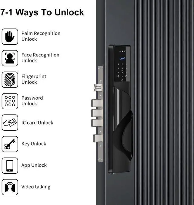 Alt view image 2 of 7 - Dalm Vein Smart Lock, 3D Facial Recognition for Keyless Entry, Fingerprint, Ic Card, Tuya App, Wi-Fi, Auto-Lock, Voice Control,Rear Lock Video ScreenAluminum Alloy Construction