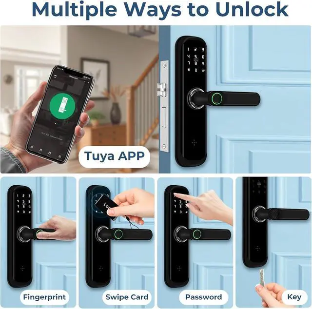 Alt view image 2 of 7 - TUYA Smart Door Lock, Fingerprint Door Lock with Keypad & App Control, Keyless Entry Door Lock, Auto Lock, Anti-Peep Password, Easy Installation for Front Door Home Office with Handle