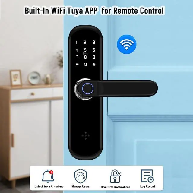 Alt view image 6 of 7 - TUYA Smart Door Lock, Fingerprint Door Lock with Keypad & App Control, Keyless Entry Door Lock, Auto Lock, Anti-Peep Password, Easy Installation for Front Door Home Office with Handle