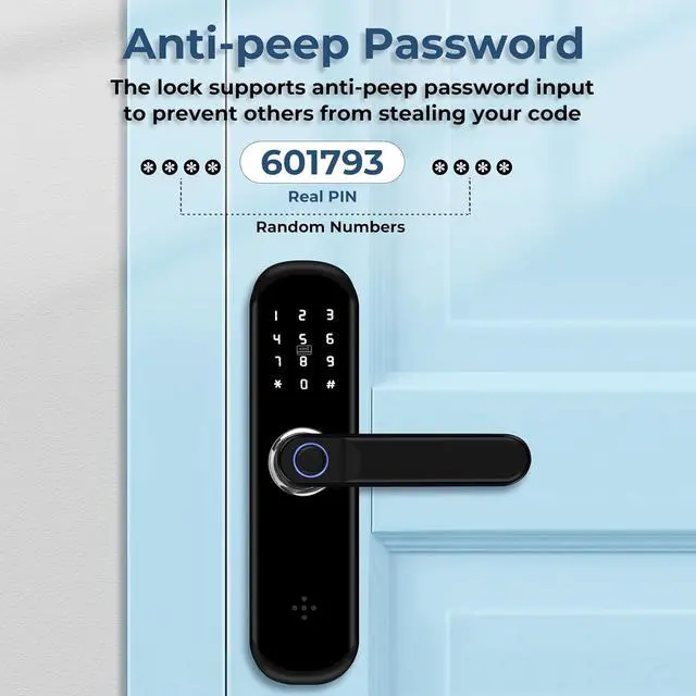 Alt view image 4 of 7 - TUYA Smart Door Lock, Fingerprint Door Lock with Keypad & App Control, Keyless Entry Door Lock, Auto Lock, Anti-Peep Password, Easy Installation for Front Door Home Office with Handle