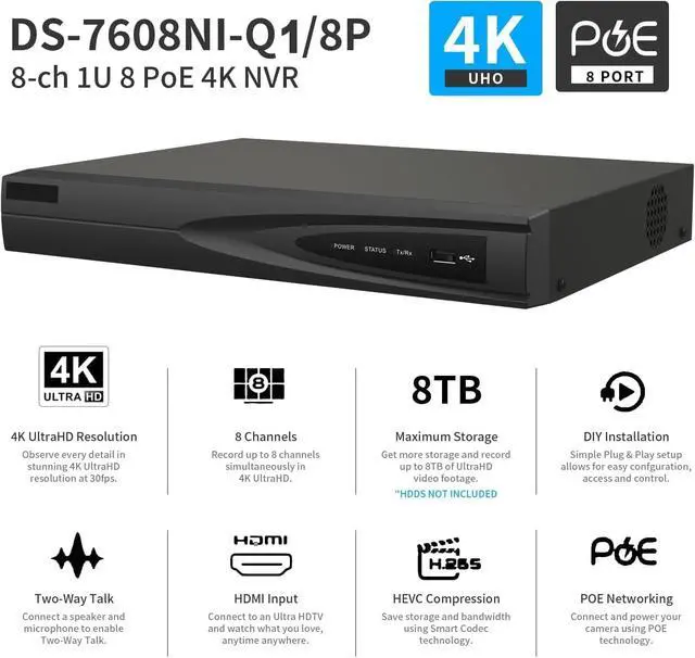 Alt view image 2 of 5 - 8CH NVR, DS-7608NI-Q1/8P 8-Channel 4K 8MP PoE Network Video Recorder, Support 4CH Human/Vehicle Analysis, H.265+, 80 Mbps Outgoing & Incoming Bandwidth, 4K HDMI Output, Hard Driver Not Including