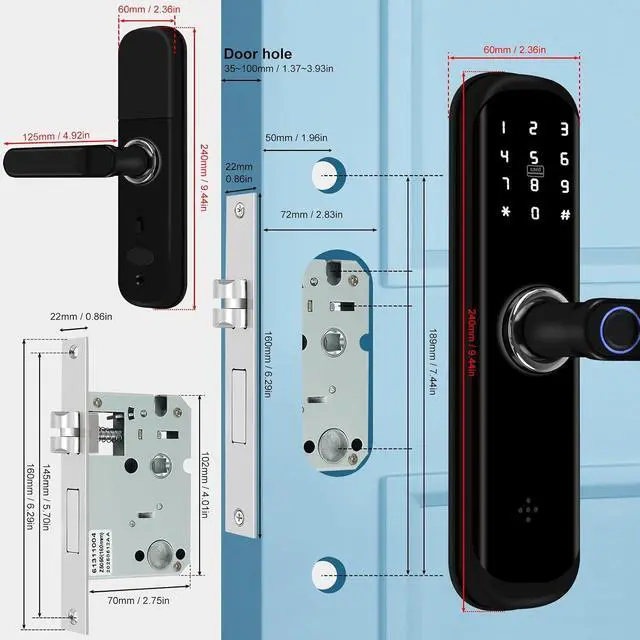 Alt view image 7 of 7 - TUYA Smart Door Lock, Fingerprint Door Lock with Keypad & App Control, Keyless Entry Door Lock, Auto Lock, Anti-Peep Password, Easy Installation for Front Door Home Office with Handle