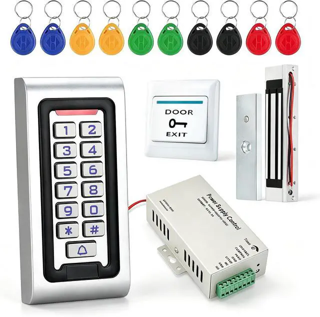 Main image of All-in-One Access Control System Kit-IP68 Waterproof Metal Keypad, 350lb Magnetic Lock Fail-Safe, 12V 3A Power Supply,Exit Button & 10 RFID Key Fobs for Office,Warehouse, Garage Door Security