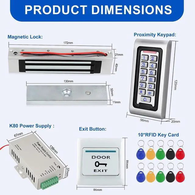 Alt view image 7 of 7 - All-in-One Access Control System Kit-IP68 Waterproof Metal Keypad, 350lb Magnetic Lock Fail-Safe, 12V 3A Power Supply,Exit Button & 10 RFID Key Fobs for Office,Warehouse, Garage Door Security