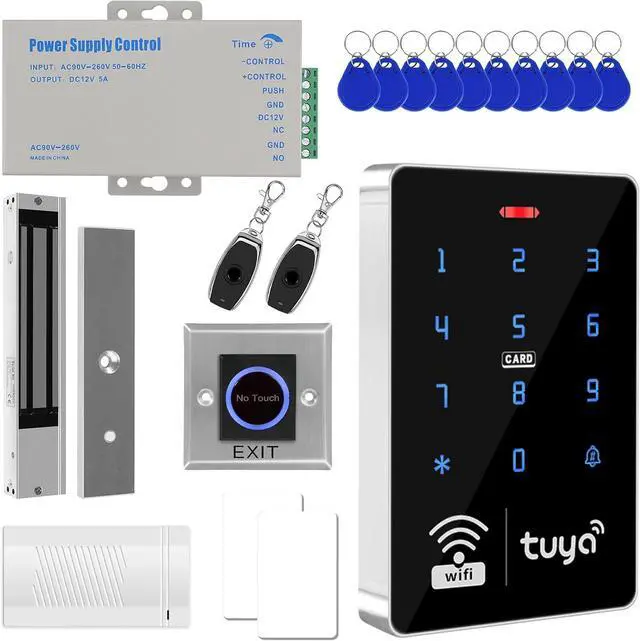 Main image of WiFi Tuya Smart Access Control System Kit,IP68 Waterproof RFID Keypad+280kg/600lbs Magnetic Lock, DC12V 5A Power Supply,13.56MHz 10pcs IC Key Fobs, 2 Remote Controllers,Infrared Exit Button+Doorbell