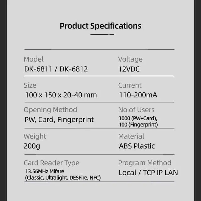 Alt view image 5 of 5 - APO DK-6812 TCP/IP Access Control Keypad with Mifare Card & Fingerprint Reader, with Access Record, Alarm Report, 1000 Users, Data Saved Inside the keypad