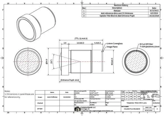 Alt view image 6 of 6 - 16mm M12 Lens Telephoto High Resolution for up to 1/1.8"~1/1.7" Sensors Commonlands CIL160-F5.6-M12A650