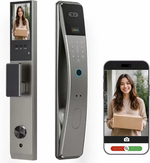 Main image of Smart Door Lock with Camera Display, Face Recognition, Fingerprint, Palm vin Scanner, Keypad, IC Cards, Keys, Silver