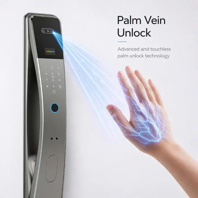 Alt view image 3 of 7 - Smart Door Lock with Camera Display, Face Recognition, Fingerprint, Palm vin Scanner, Keypad, IC Cards, Keys, Silver