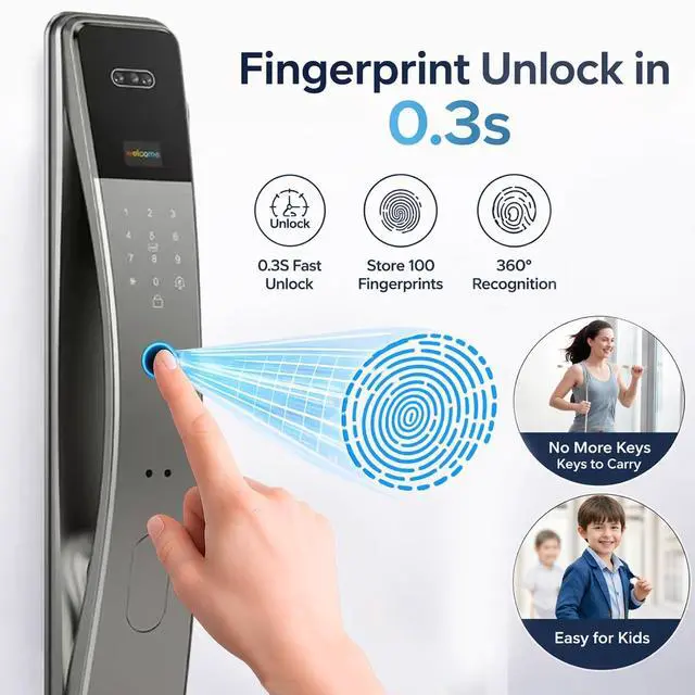 Alt view image 4 of 7 - Smart Door Lock with Camera Display, Face Recognition, Fingerprint, Palm vin Scanner, Keypad, IC Cards, Keys, Silver