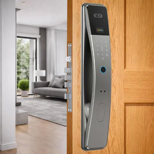 Alt view image 6 of 7 - Smart Door Lock with Camera Display, Face Recognition, Fingerprint, Palm vin Scanner, Keypad, IC Cards, Keys, Silver
