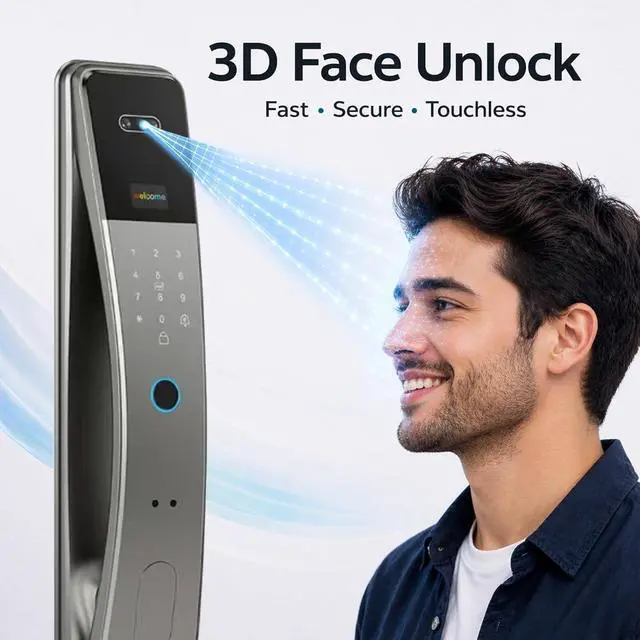 Alt view image 2 of 7 - Smart Door Lock with Camera Display, Face Recognition, Fingerprint, Palm vin Scanner, Keypad, IC Cards, Keys, Silver