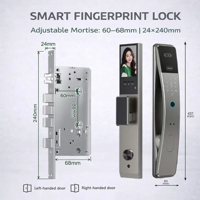 Alt view image 7 of 7 - Smart Door Lock with Camera Display, Face Recognition, Fingerprint, Palm vin Scanner, Keypad, IC Cards, Keys, Silver